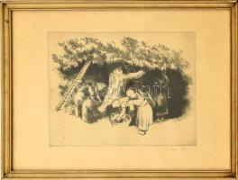Szőnyi István (1894-1960): Gyümölcsszedők. Rézkarc, papír, jelzett, üvegezett fa keretben, 23,5×31 cm