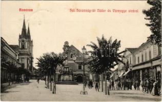 1909 Komárom, Komárnó; Szentháromság tér és szobor, Vármegye utca, Löwinger és Neu és Goldmann üzlete / Trinity statue, square, street, shops (EK)