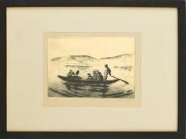 Szőnyi István (1894-1960): Csónakázók. Rézkarc, papír, jelzett, üvegezett fa keretben, lapon apró foltokkal. 16,5×24 cm