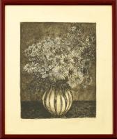 Scultéty Éva (1917-2001): Csendélet. Rézkarc, papír, jelzett, üvegezett fa keretben, lapszéli apró foltokkal, 29×23 cm