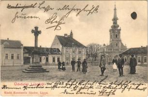 1905 Lippa, Lipova; Fő tér, Takarékpénztár, templom. Konstantin Sándor kiadása / main square, savings bank, church (fl)