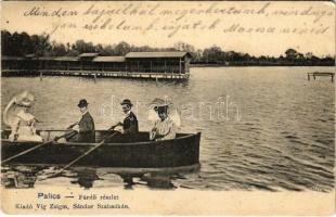 1905 Palics, Palic; fürdő részlet csónakázó társasággal / swimming pool, spa, boat trip