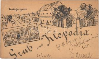 1898 Klopódia, Clopodia; Deutsche Gasse, Schule / Német utca, Iskola / street view, school (vágott / cut)