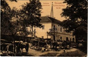 1907 Székelykeresztúr, Kristur, Cristuru Secuiesc; Unitárius gimnázium, lovas szekerek / school, horse carts (Rb)