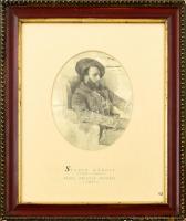 Üvegezett, dekoratív, sarkaiban kissé sérült fa keretben Sterio Károly (1821-1862): Feszl Frigyes arcképe. Ofszet nyomat, papír. 21x17 cm. Keret belső méret: 40,5x31,7 cm
