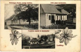 1912 Ledény, Ladzany; templom, paplak, iskola, Méltóságos Ruston urasági kastélya, Brüll Jakab kereskedés üzlete / church, rectory, school, castle, shop. floral