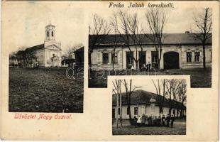 1915 Nagyősz, Nagy Ősz, Triebswetter, Tomnatic; Római katolikus templom, üzlet, Tuttenuy Ferenc (?) szobor / church, shops, statue