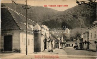 Trencsénteplic-fürdő, Kúpele Trencianske Teplice; Bossányi és Poniatovszky utca, könyvnyomda / streets, book printing shop (vágott / cut)