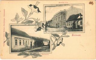 Zernest, Zernyest, Zarnesti; Hotelul nou, Farmacie / Neues Hotel, Apotheke / Új szálloda, Központi szálloda, Gyógyszertár. Julius Müller utóda kiadása / hotel, pharmacy, street view. Art Nouveau, floral (fl)