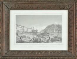 Ludwig Rohbock (1820-1883): Aldunasor Pesten / Untere Donauzeile in Pesth, acélmetszet, papír, üvegezett fa keretben, 14×21 cm