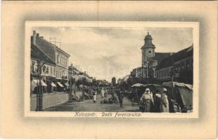 Kolozsvár, Cluj; Deák Ferenc utca, piac, Stief üzlete. Rigó Árpád utóda kiadása / street view, market, shops (fl)