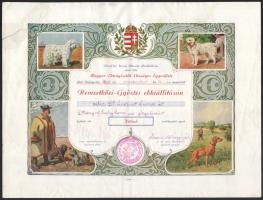 1938 Magyar Ebtenyésztők Országos Egyesülete által kiállított oklevél, gyűrött, hajtott, ragasztott