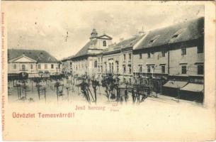 1899 Temesvár, Timisoara; Jenő herceg tér, üzletek. Kossak József udvari fényképész kiadása / square, shops (vágott / cut)