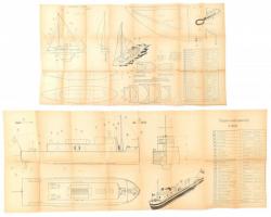 cca 1960 Tőkesúlyos vitorlás és motoros vontató hajó szerkezeti rajza két táblán