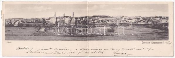1910 Kaposvár, látkép, vasútállomás, városi villanytelep, vonat. Fenyvesi Béla kiadása, kihajtható panorámalap / folding panoramacard (EK)