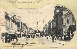 1902 Nagykanizsa, Nagy-Kanizsa; Fő tér a Felső templommal, Kohn és Lichtschein üzlete. Ifj. Wajdits József kiadása (fl)