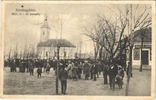 1930 Kerekegyháza, Március 15-iki ünnepély, Református templom, helyiek, Szabó János üzlete és saját kiadása (EB)