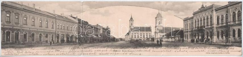 1902 Békéscsaba, Fő tér, Városháza, templomok, Rosenthal testvérek utódai üzlete. 3-részes kihajtható panorámalap (szakadás / tear)