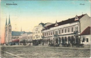 1913 Békéscsaba, Fő tér, Gesmey Soma könyv- és papírkereskedése, Békésmegyei Függetlenség könyvnyomdája, kiadóhivatala és szerkesztősége, Polgári leányiskola, Népbank, Schreyer József üzlete, motor, városi vasút, kisvasút, templom (EK)