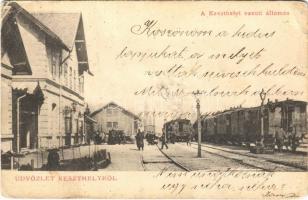 1905 Keszthely, vasútállomás, vonat, gőzmozdony. Vasvári József kiadása (r)