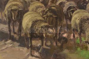 Liptai A. jelzéssel: Birkanyáj. XX. század első fele. Olaj, vászon, szép dekoratív keretben. 60x70 c...