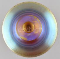 Art Deco dísztál. Fúvott üveg, bordázott felületén irizáló díszítmény. Jelzés nélkül. Peremén apróbb...