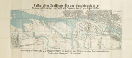 1925 Der Hafen von Hamburg, Reiherstieg Schiffswerfte und Maschinenfabrik / Hamburg kikötőjének térképe, a Reiherstieg hajógyár és javítóüzem kiadványa. 1 : 15.000, Kartogr. Abteilung Messner & Christiansen Hamburg, jó állapotban 139x62,5 cm