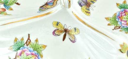 Herendi Viktória mintás hármas kínálótál, szív alakú fogóval. Kézzel festett porcelán, kopott, jelze...
