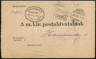 1925 Visszajelentési nyomtatvány elégtelen bérmentesítésről 7.200K bérmentesítéssel / Report of insufficiant franking