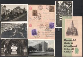 cca 1930-1940 Kassa, 8 db-os papírrégiség tétel: utazási ismertető prospektus, 2 db díjjegyes levelezőlap + 5 db képeslap, megírt, futott (közte Kassa visszatért alkalmi bélyegzések)