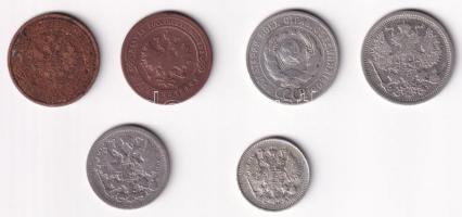 Orosz Birodalom 1900. 1k Cu + 1903. 15k Ag + 1906. 20k Ag + 1914. 10k Ag + 1915. 1k Cu + Szovjetunió...