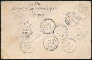 1929 Ajánlott levél Budapestről 90f bérmentesítéssel Malajziába, majd Szudánon át visszaküldve hajóv...