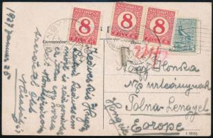 1927 Képeslap Uruguayból Tolnalengyelbe, 24f portóval / Postcard from Uruguay to Hungary, with postage due