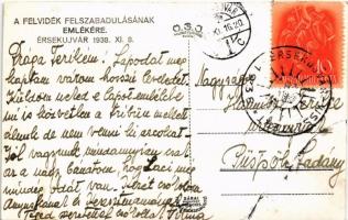 1938 Érsekújvár, Nové Zámky; bevonulás zászlókkal / entry of the Hungarian troops with flags + "...