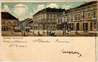1903 Versec, Vrsac; Ferenc József tér, piac, Steiner, Wassermann, Győri és Bruder Walke üzlete. Wilhelm Wettl No. 123. / square, shops, market. Art Nouveau, litho