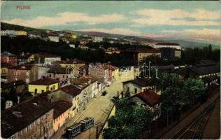 Fiume, Rijeka; utca villamossal, vasúti sín / street with tram, railway tracks