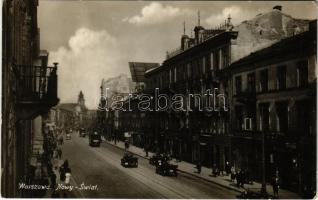 1928 Warszawa, Varsovie, Varsó, Warschau, Warsaw; Nowy Swiat / street with shops, automobiles and trams
