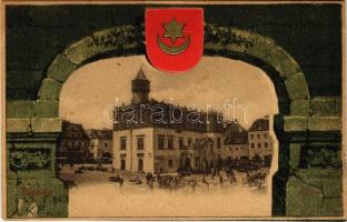 Tarnów, Ratusz. Nakl. Kamila Bauma / Rathaus / town hall, market. Art Nouveau, litho with coat of arms (Rb)
