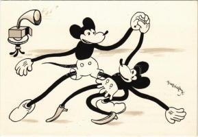 Mickey and Minnie Mouse dancing. Klösz early Disney art postcard s: Bisztriczky + "Henger Antal ezüstgyár"