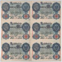 Német Birodalom 1914. 20M (6x) sorszámkövetők P 8055440 - P 8055445 T:I,I-  German Empire 1914. 20 Mark (6x) consecutive serial numbers P 8055440 - P 8055445 C:UNC,AU Krause 46.b