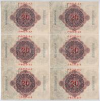 Német Birodalom 1914. 20M (6x) sorszámkövetők "P 8055440 - P 8055445" T:I,I- 
German Empi...