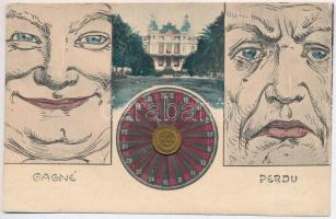 1904 Monte Carlo-i kaszinó, rulett kerék eredeti 20 frankos pénzérmével: A szerencse forgandó / Gagné - Perdu / Casino in Monte Carlo, roulette with original 20 Francs coin: Fortuna volubilis errat