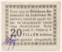 Budapest 1919-1925. 20f Általános Beszerzési és Szállítási Rt. hátlap üres, előlap aláírt T:II falcos Adamo BUC-5.1.2