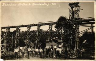 1927 Feldbach-Bad Gleichenberg, Landesbahn Bahnbau / Standard-gauge railway construction with workers, wooden bridge. Alois Loderer Fotograf, photo (EM)