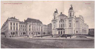 1908 Kolozsvár, Cluj; Nemzeti színház és igazságügyi palota. Schuster Emil három részes kihajtható panorámalapja / theatre, financial palace. 3-tiled folding panoramcard (fl)