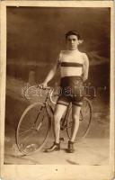 1908 Budapest, VII K.K. kerékpáros versenyző. Hauser S. fényképész / Hungarian cyclist. photo