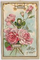 Boldog Újévet! Dombornyomott litho mechanikus naptár képeslap rózsákkal / Embossed litho mechanical calendar postcard. Emb. litho