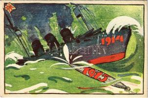 1914-1915 Első világháborús haditengerészeti propaganda lap. Magyar Földrajzi Intézet Rt. kiadása / K.u.K. Kriegsmarine / WWI Austro-Hungarian Navy propaganda art postcard s: Biró