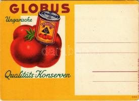 Globus konzervek német nyelvű reklámlapja. Klösz / Ungarische Qualitäts-Konserven / Hungarian canned foods advertisement in German, tomato can (EK)