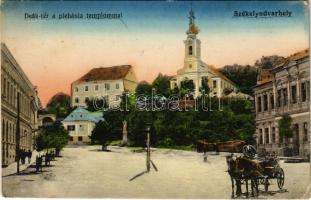 1915 Székelyudvarhely, Odorheiu Secuiesc; Deák tér, Plébánia templom, lovaskocsi. Szvoboda J. kiadása / square, horse cart, church
